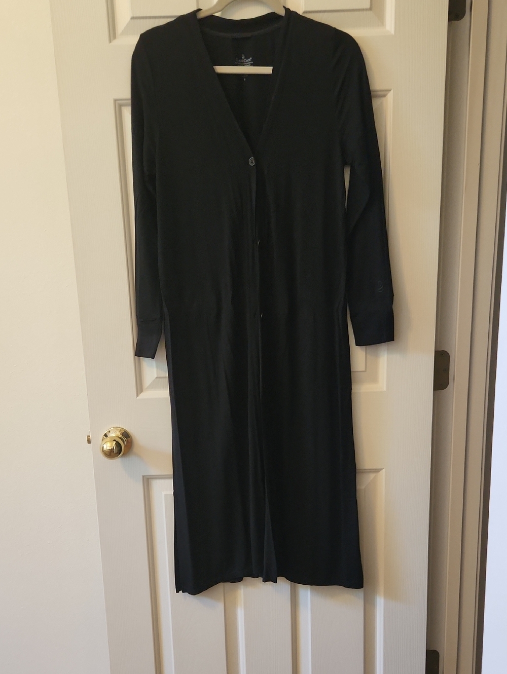 Long Black Button-Front Women's Duster Cardigan With Side Pockets